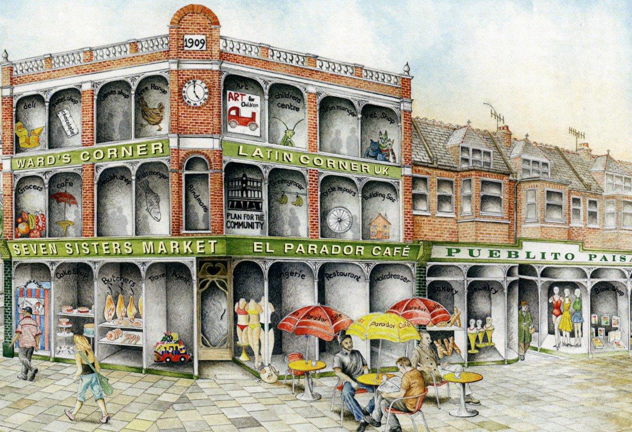 A colorful illustrated market building with Latin American shops including El Parador Cafe and Seven Sisters Market, featuring outdoor seating with red umbrellas.