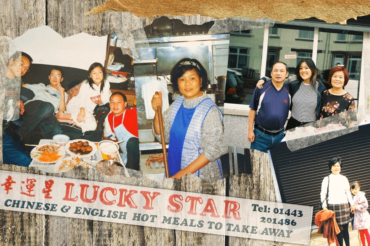 A collage of vintage family photos overlaid on a weathered wooden surface, featuring a Lucky Star Chinese takeaway restaurant sign and images of people dining and posing together.