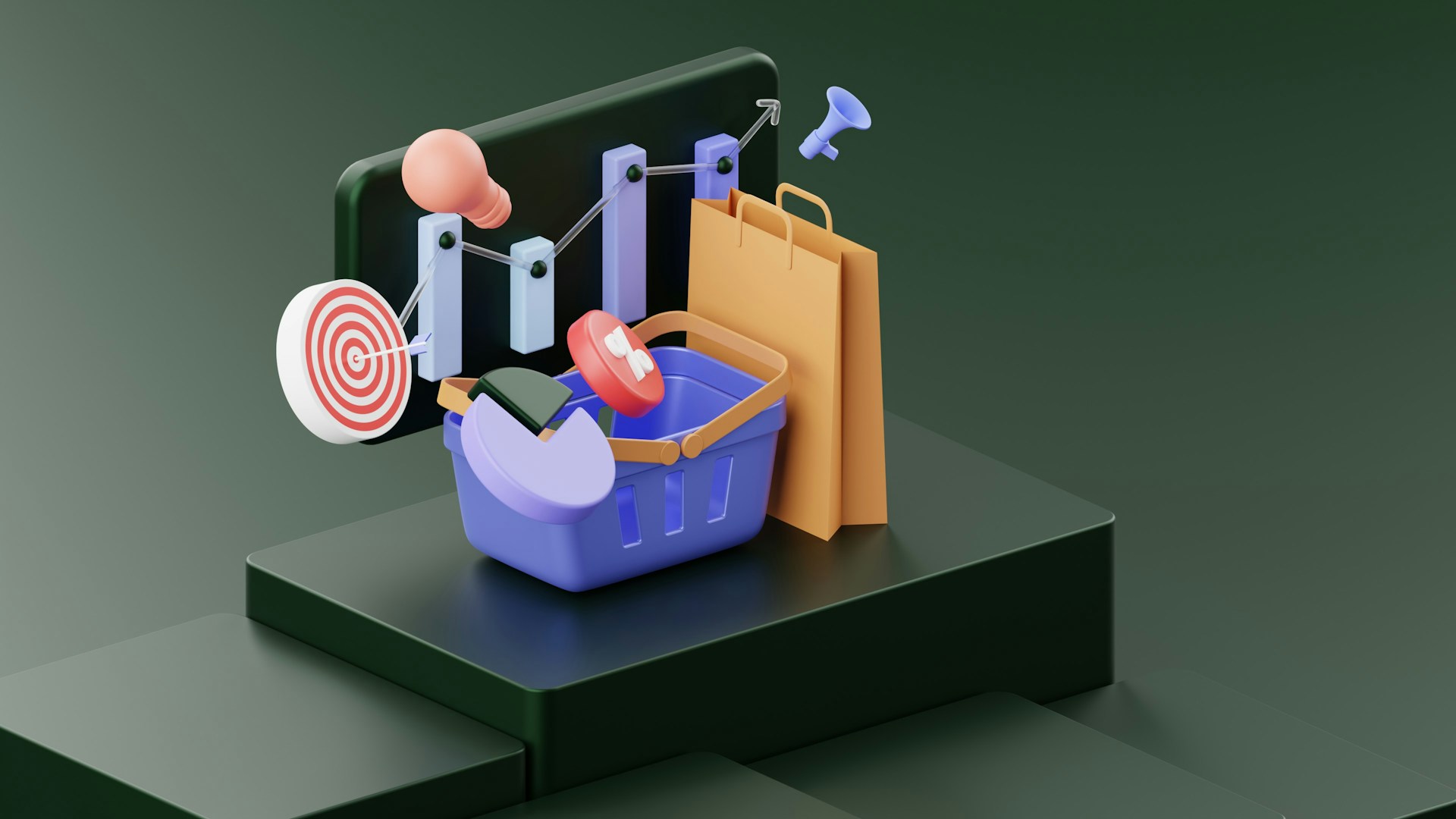 3D illustration of e-commerce elements including a shopping cart, target, bar chart, and shopping bag emerging from a smartphone screen.