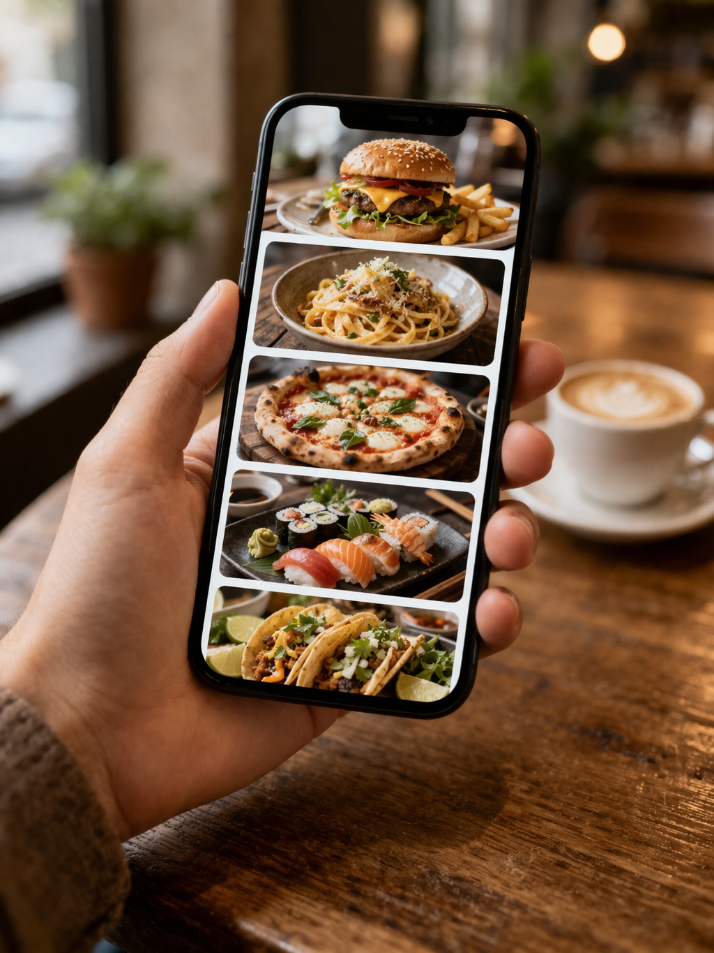 Hand holding smartphone displaying food delivery app with images of burger, pasta, pizza, sushi, and tacos in a cafe setting.