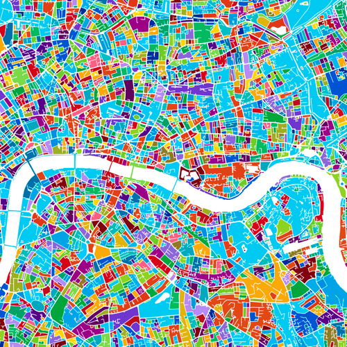 A colorful street map of London showing the Thames river winding through vibrant neighborhoods marked in blues, greens, reds and purples.